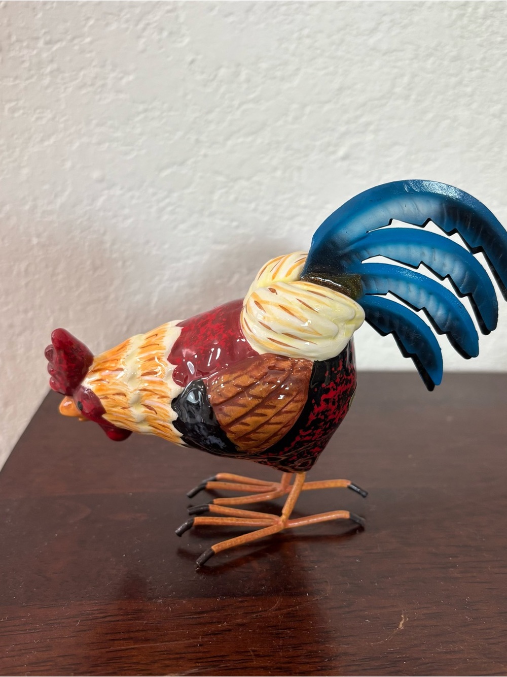 Colorful Blue-Tail Rooster Figurine - Decorative Home Accent